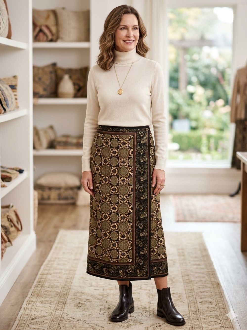 Vintage Sag Harbor Olive and Brown Midi Wrap Skirt with Medallion Pattern,‎ Size